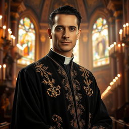 A dramatic and vibrant portrait of an elegant man dressed as a classic Spanish priest, known as 'Padre Negro'