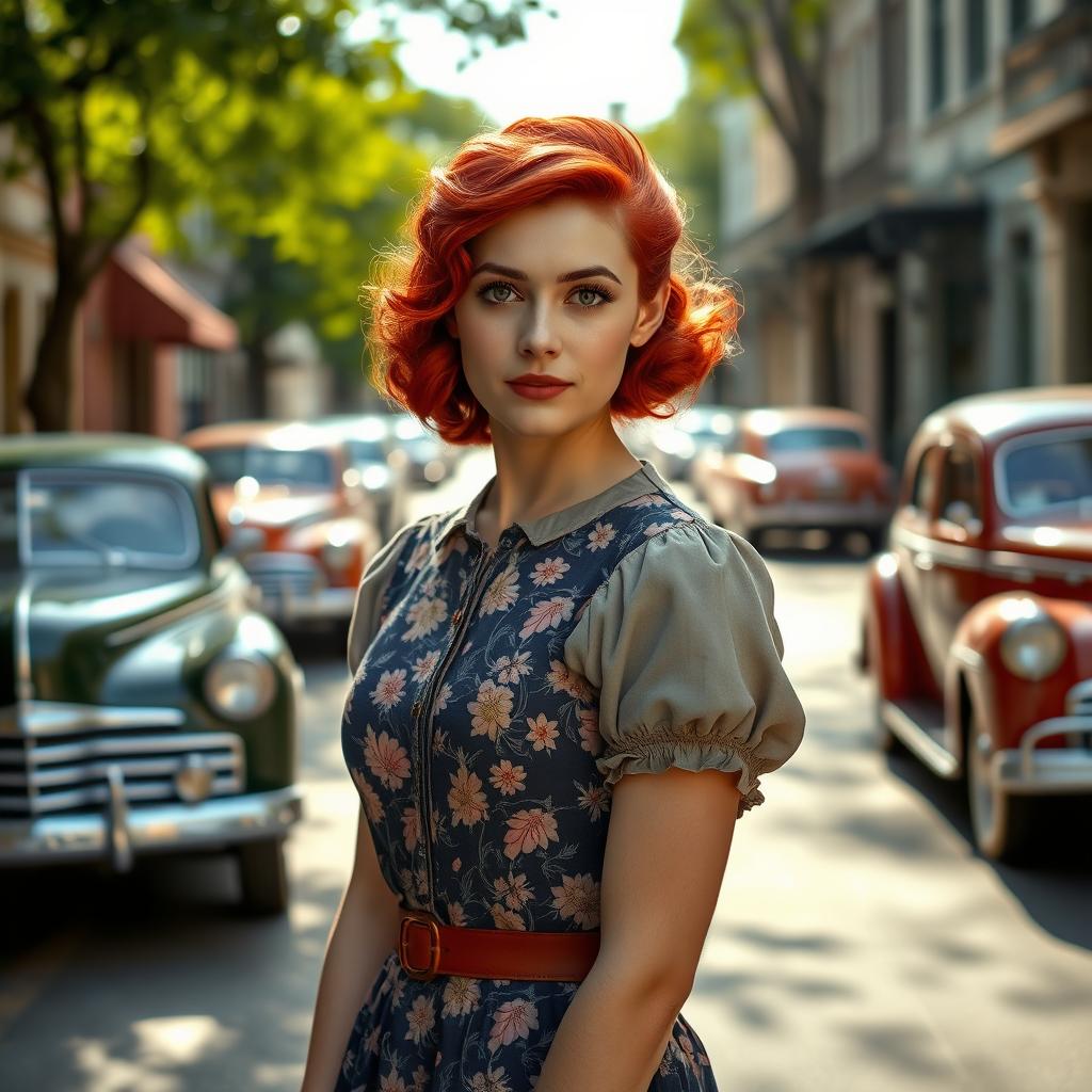 A young woman with vibrant red hair, styled in 1940s fashion, wearing a vintage dress with floral patterns, standing in a quaint street scene reminiscent of that era