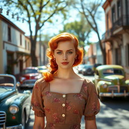 A young woman with vibrant red hair, styled in 1940s fashion, wearing a vintage dress with floral patterns, standing in a quaint street scene reminiscent of that era