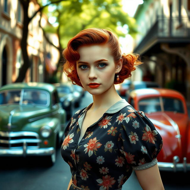 A young woman with vibrant red hair, styled in 1940s fashion, wearing a vintage dress with floral patterns, standing in a quaint street scene reminiscent of that era