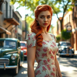 A young woman with vibrant red hair, styled in 1940s fashion, wearing a vintage dress with floral patterns, standing in a quaint street scene reminiscent of that era