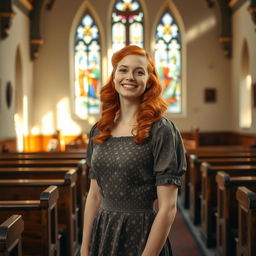 A young woman with radiant red hair, dressed in a beautiful 1940s vintage dress, standing inside a quaint church