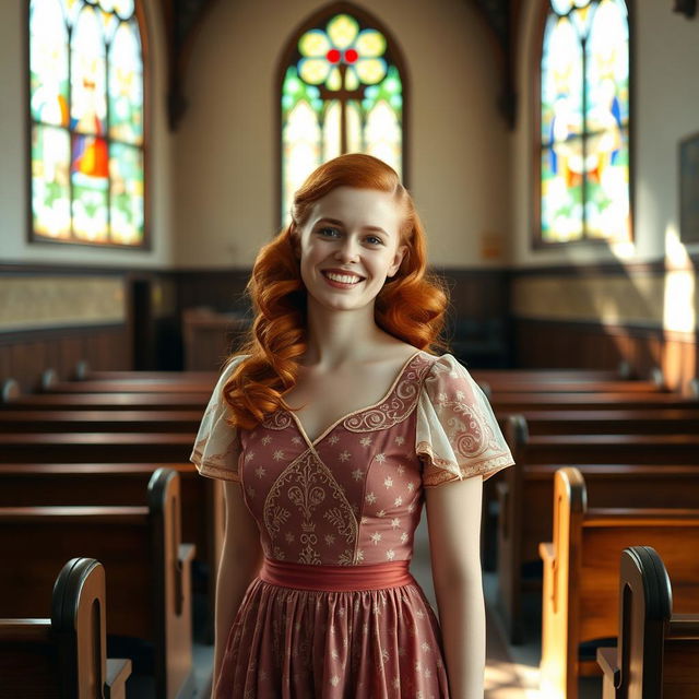 A young woman with radiant red hair, dressed in a beautiful 1940s vintage dress, standing inside a quaint church