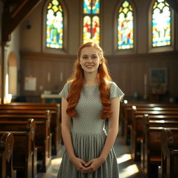 A young woman with radiant red hair, dressed in a beautiful 1940s vintage dress, standing inside a quaint church