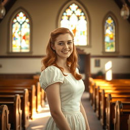 A young woman with radiant red hair, dressed in a beautiful 1940s vintage dress, standing inside a quaint church