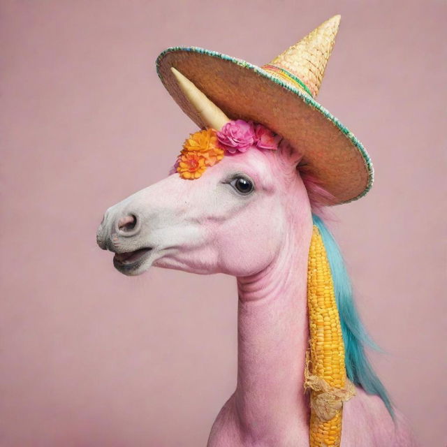 A whimsical pink unicorn, munching on a cob of corn while donning a colorful sombrero.