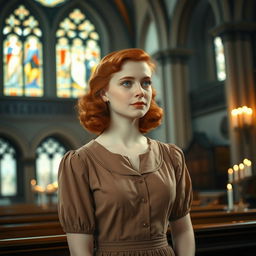 A young red-haired woman inside a church in the year 1940