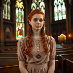 A young red-haired woman inside a church in the year 1940