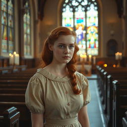 A young red-haired woman inside a church in the year 1940