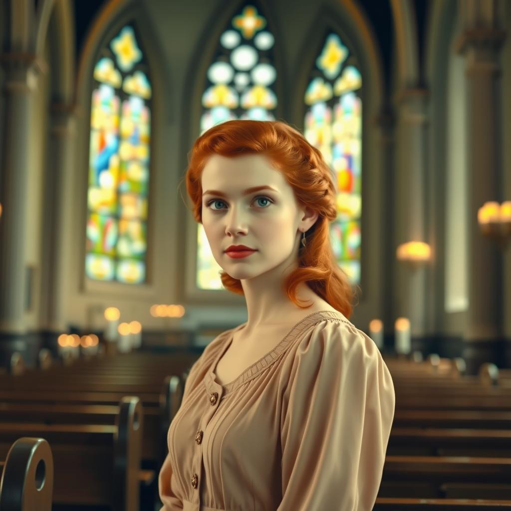 A young red-haired woman inside a church in the year 1940