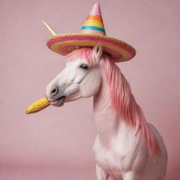 A whimsical pink unicorn, munching on a cob of corn while donning a colorful sombrero.