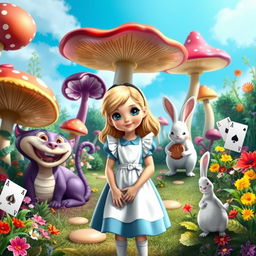 A whimsical and colorful scene inspired by Alice in Wonderland, featuring Alice as a curious young girl with blonde hair, wearing a light blue dress with a white apron