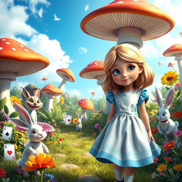 A whimsical and colorful scene inspired by Alice in Wonderland, featuring Alice as a curious young girl with blonde hair, wearing a light blue dress with a white apron