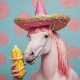 A whimsical pink unicorn, munching on a cob of corn while donning a colorful sombrero.