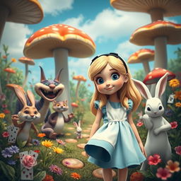 A whimsical and colorful scene inspired by Alice in Wonderland, featuring Alice as a curious young girl with blonde hair, wearing a light blue dress with a white apron