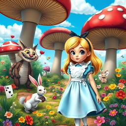 A whimsical and colorful scene inspired by Alice in Wonderland, featuring Alice as a curious young girl with blonde hair, wearing a light blue dress with a white apron