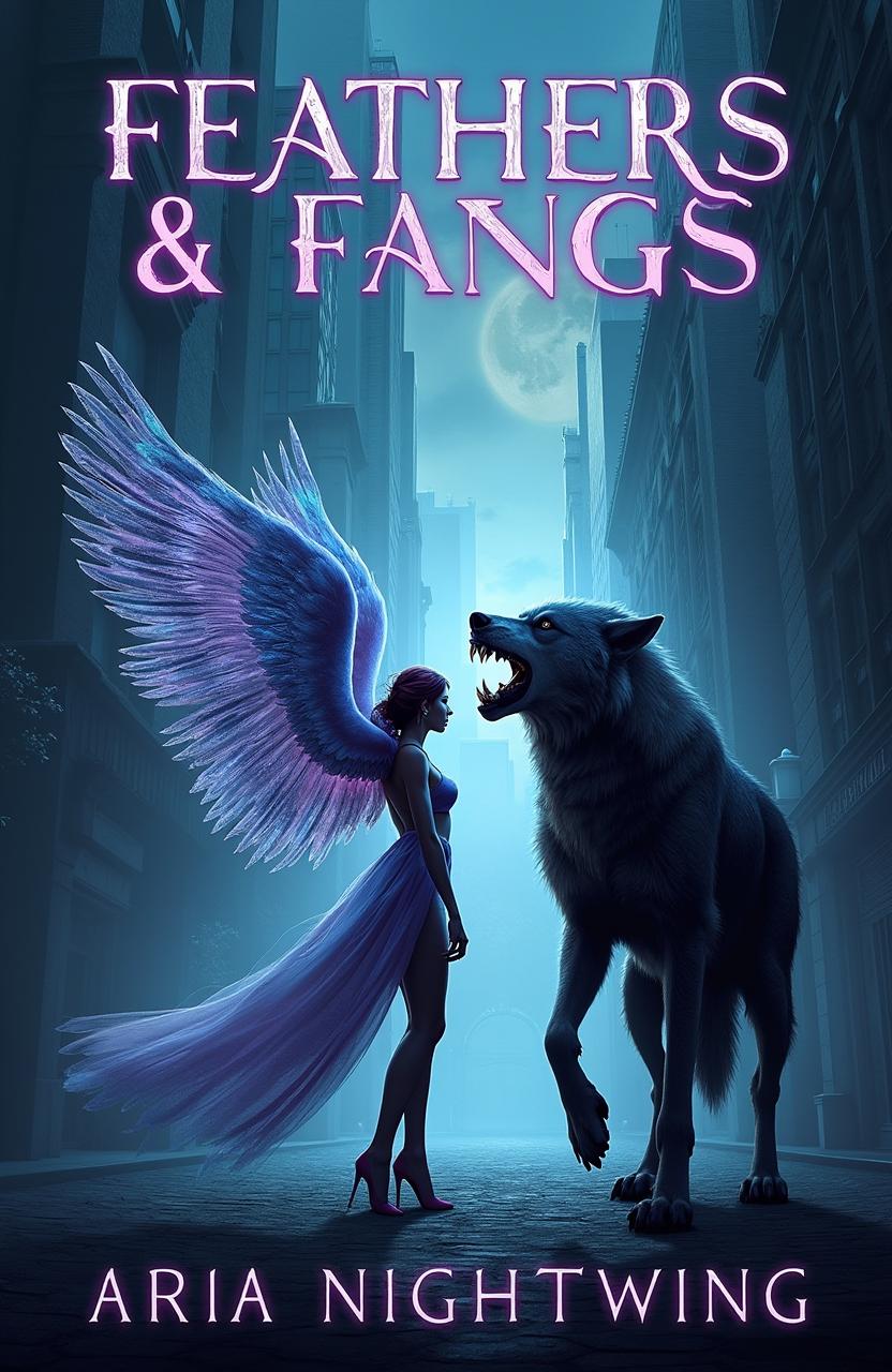 A captivating book cover design for 'Feathers & Fangs' by Aria Nightwing, featuring an intriguing urban fantasy scene