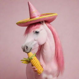 A whimsical pink unicorn, munching on a cob of corn while donning a colorful sombrero.