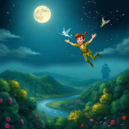 A whimsical and adventurous scene depicting Peter Pan, the iconic boy who never grows up, flying through the night sky above the magical Neverland