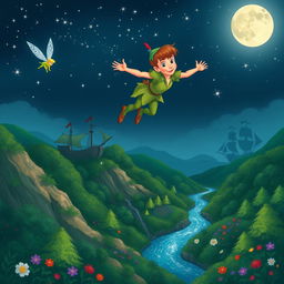 A whimsical and adventurous scene depicting Peter Pan, the iconic boy who never grows up, flying through the night sky above the magical Neverland