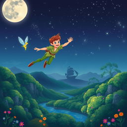 A whimsical and adventurous scene depicting Peter Pan, the iconic boy who never grows up, flying through the night sky above the magical Neverland