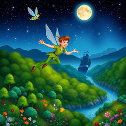 A whimsical and adventurous scene depicting Peter Pan, the iconic boy who never grows up, flying through the night sky above the magical Neverland