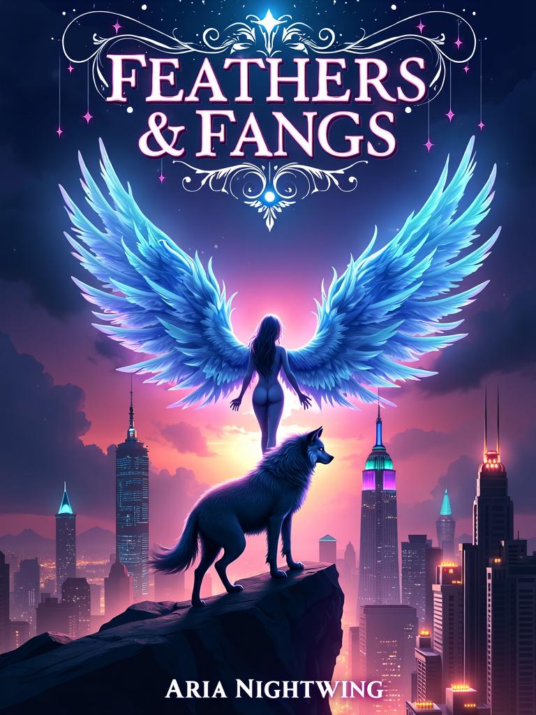 An exquisite and visually stunning book cover design for 'Feathers & Fangs' by Aria Nightwing