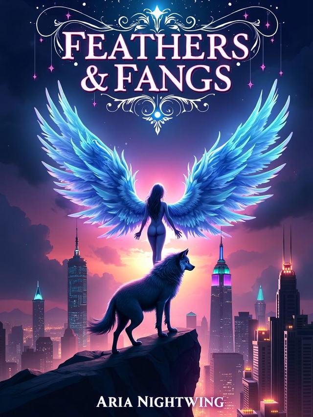 An exquisite and visually stunning book cover design for 'Feathers & Fangs' by Aria Nightwing