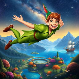 An imaginative scene depicting Peter Pan, the iconic boy who never grows up, flying over a vibrant and magical Neverland