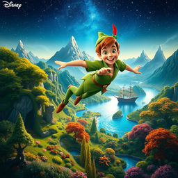 An imaginative scene depicting Peter Pan, the iconic boy who never grows up, flying over a vibrant and magical Neverland