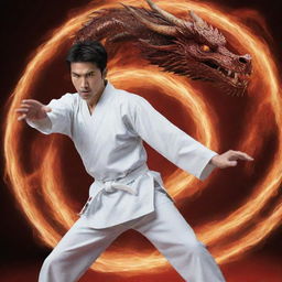 A karate master in mid-action, with a majestic dragon spirit coiling around him, signifying strength and power.