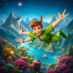 An imaginative scene depicting Peter Pan, the iconic boy who never grows up, flying over a vibrant and magical Neverland