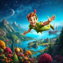 An imaginative scene depicting Peter Pan, the iconic boy who never grows up, flying over a vibrant and magical Neverland