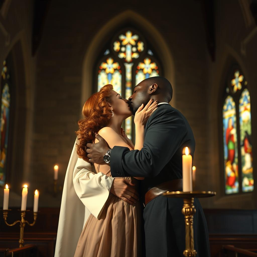 A young, strong, tall Black priest engaging in a passionate kiss with a young red-haired woman inside a church in the year 1940