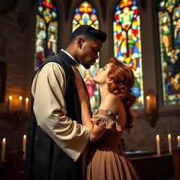 A young, strong, tall Black priest engaging in a passionate kiss with a young red-haired woman inside a church in the year 1940