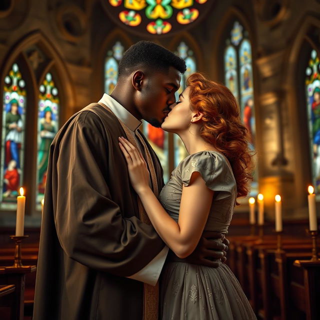 A young, strong, tall Black priest engaging in a passionate kiss with a young red-haired woman inside a church in the year 1940