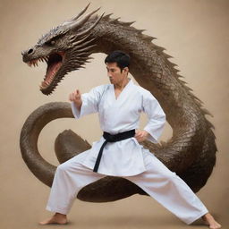 A karate master in mid-action, with a majestic dragon spirit coiling around him, signifying strength and power.