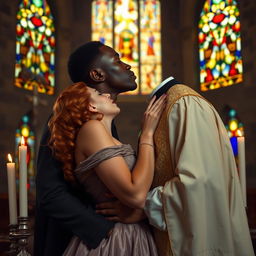 A young, strong, tall Black priest engaging in a passionate kiss with a young red-haired woman inside a church in the year 1940