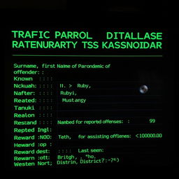 A black screen displaying green lettering with a high-tech, digital appearance listing details of a police database