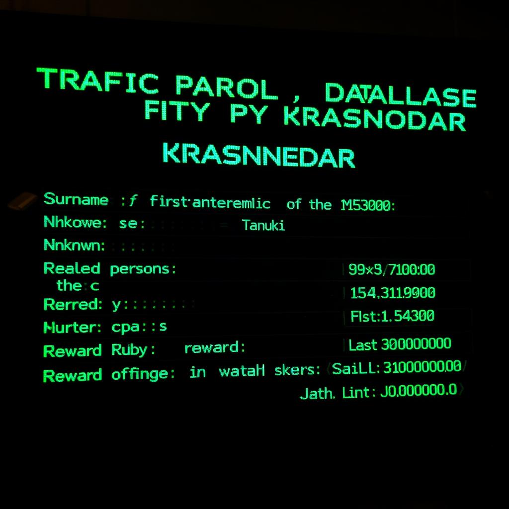 A black screen displaying green lettering with a high-tech, digital appearance listing details of a police database