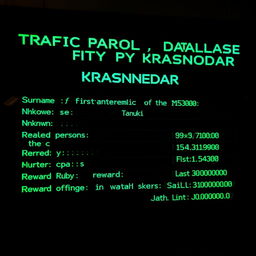 A black screen displaying green lettering with a high-tech, digital appearance listing details of a police database