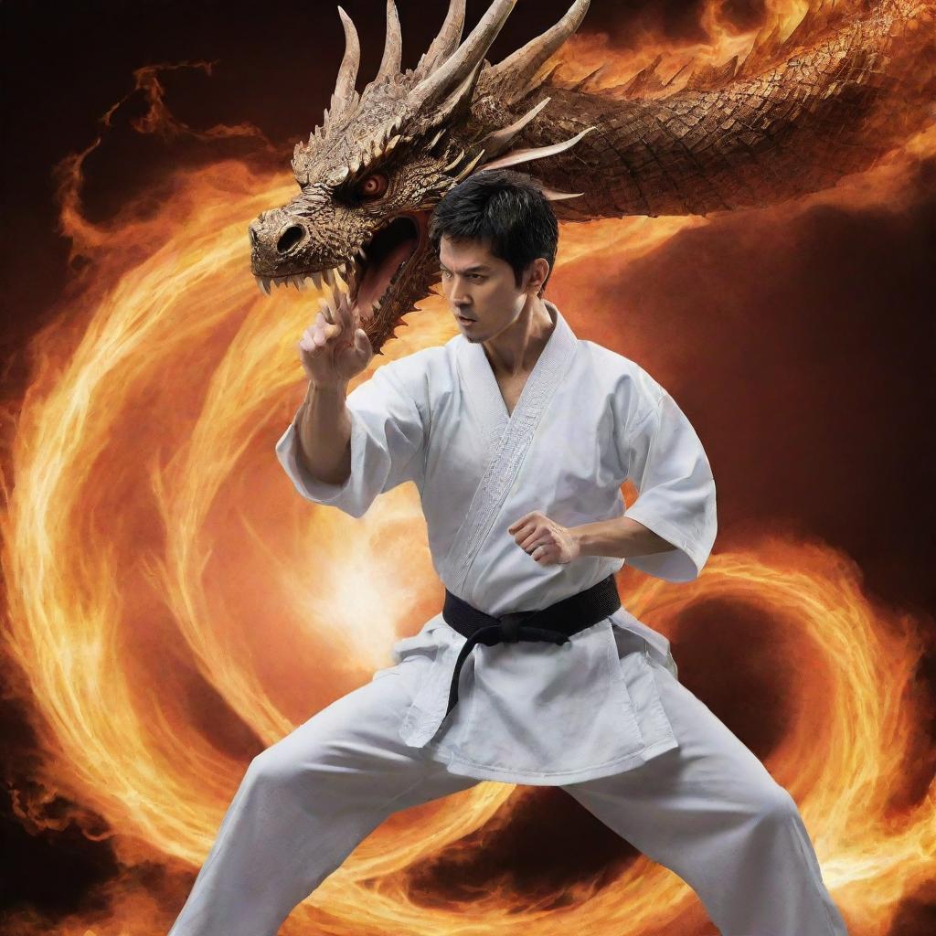 A karate master in mid-action, with a majestic dragon spirit coiling around him, signifying strength and power.