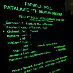 A black screen displaying green lettering with a high-tech, digital appearance listing details of a police database