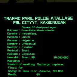 A black screen displaying green lettering with a high-tech, digital appearance listing details of a police database