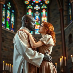 A young, strong, tall Black priest embracing a young red-haired woman with passion inside a church