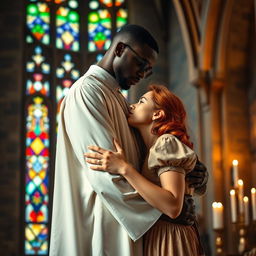 A young, strong, tall Black priest embracing a young red-haired woman with passion inside a church