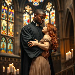 A young, strong, tall Black priest embracing a young red-haired woman with passion inside a church