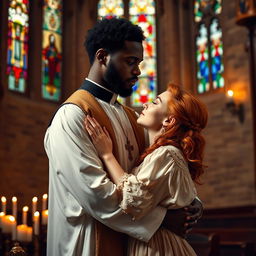 A young, strong, tall Black priest embracing a young red-haired woman with passion inside a church