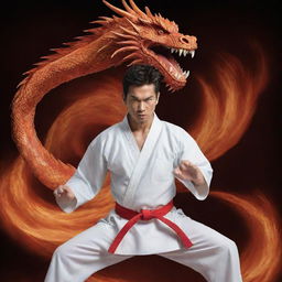 A karate master in mid-action, with a majestic dragon spirit coiling around him, signifying strength and power.