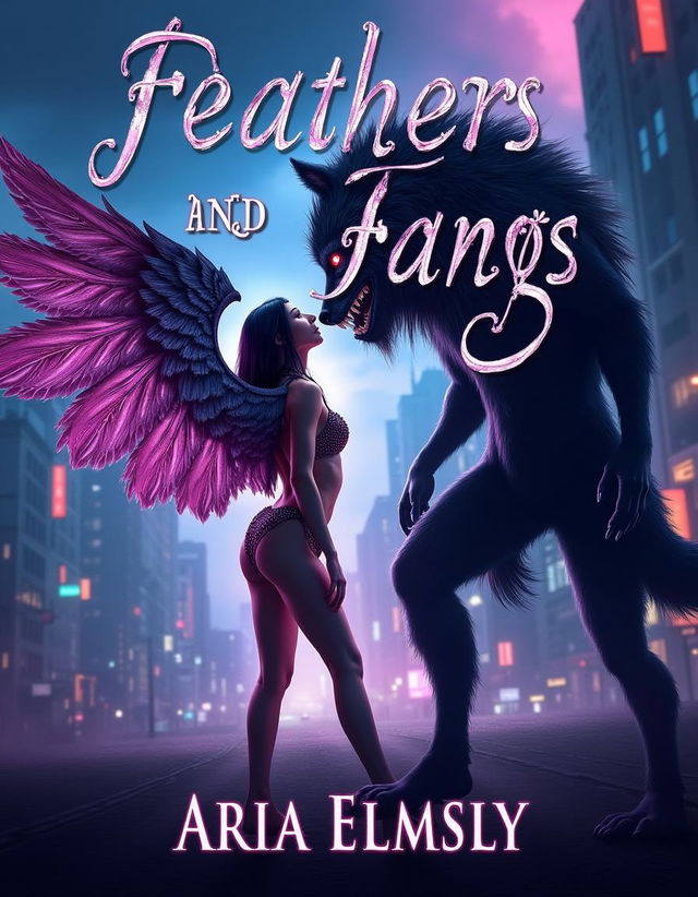 A stunning book cover design for 'Feathers & Fangs' by Aria Elmsly, emphasizing an urban fantasy theme